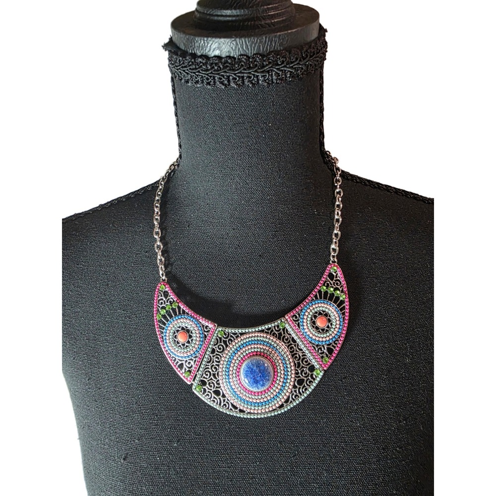 Vintage Bohemian boho Silver Multicolor Bead Filigree Bib Statement Necklace